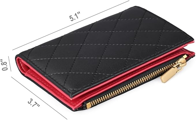 Slim Bi-fold Checkered Quilted Leather Wallet | Classic Minimalist Style w. ID Window/Card Slot/Bill Holder/Zip Coin Pocket for Women (Black Quilted)