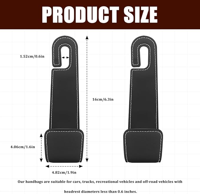 2PCS Car Seat Headrest Hooks, Purse Hook for Car, Automotive Headrest Handbags Holder, Auto Accessories Leather Seatback Organizer Hanger for Hanging Purses Bags Coats (Black, 2PCS)