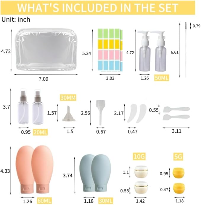 21 PCS Refillable Toiletry Bottles with Toiletry Bag for Travel Containers Empty Squeeze Leakproof Accessories for Toiletries Shampoo Lotion Body Wash (BPA Free)