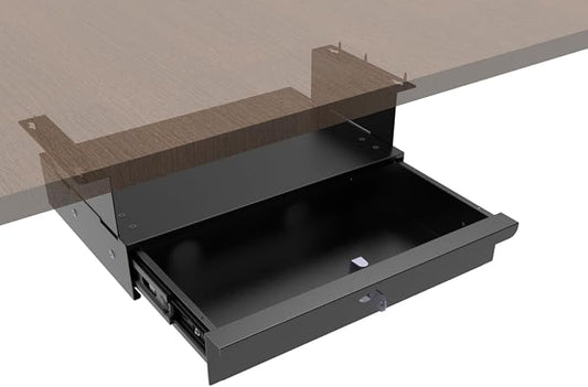 Under Desk Drawer Sliding Out Attachment with Shell, 15.6" x 10" x 5.07" Pull Out Lockable Drawer Storage Organizer with Cable Mangement for Workbench or Standing Desk with High Crosspiece