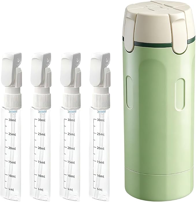 4-in-1 Travel Dispenser Bottle Refillable, 2026 New 4 Pack 30ML Travel Bottles for Toiletries, Leak Proof Travel Size Containers, Shampoo and Conditioner Bottles (Green+White) (Green)