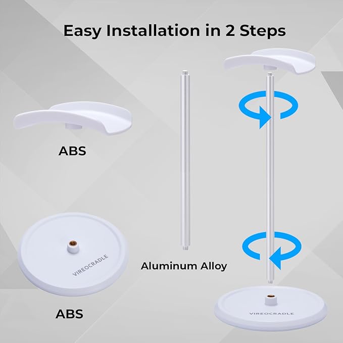 Headphone Stand for Desk, Top Curved U-Shaped Headset Holder with TPU Flexible Headrest, Aluminum Alloy Rod & ABS Solid Base with Non-Slip Silicone Under The Base, (White)