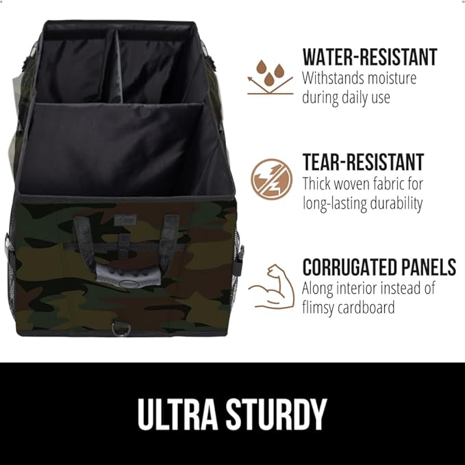 GORILLA GRIP Large Capacity Sturdy Trunk Storage Organizer, Slip and Water Resistant Collapsible Organization Container for Car Sedan or SUV, Multi Compartment Box Vehicle Accessories, Camo