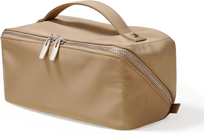 EACHY Travel Makeup Bag, Large Capacity Cosmetic Bag for Women, Waterproof PU Leather, Flat Open Portable Toiletry Bag for Skincare, Brushes & Travel Essentials