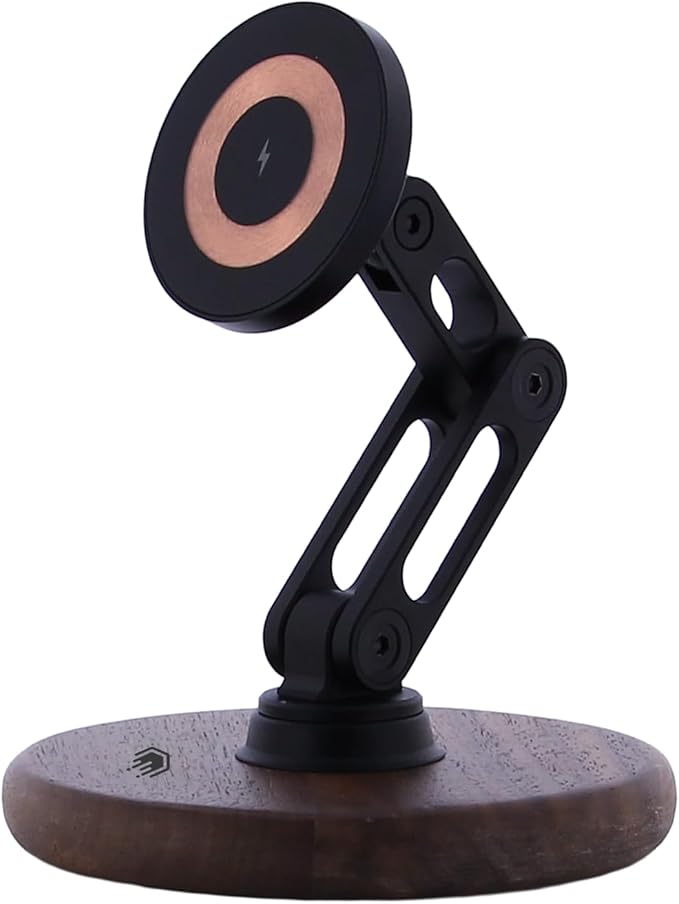 ClikDock Cell Phone Magnetic Wireless Charger Stand, 360° Spin, Aluminum Construction, Compatible with MagSafe Phones for iPhone & Andriod (Walnut Wood)