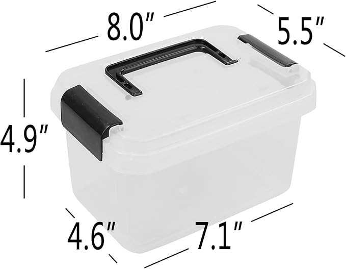 Jekiyo 2.5 Quart Plastic Latching Box, Clear Bin with Black Handle, 4 Packs