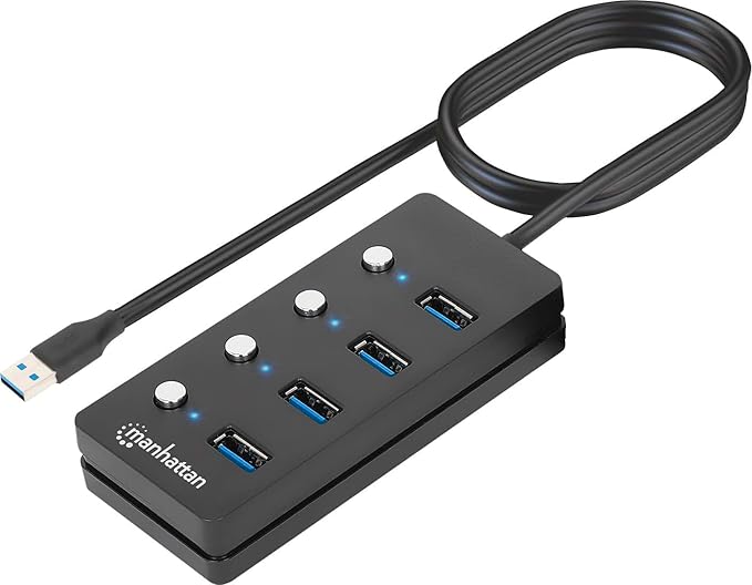 4 Port USB Extension Cable Hub with (5ft Long Cord) – USB 3.2 Powered USB Splitter On/Off Switches – USB Extender/Multiport Adapter for Desktop Computer, Laptop, PC Accessories