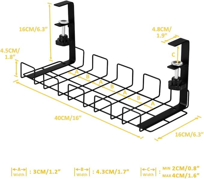 Baskiss Under Desk Cable Management Trays 2 Pack, 16" Clamp Mounted Cord Organizer Holder Wire Organization No Drill Holes Needed for Computer Home Office Standing Tables to Conceal Power Strips