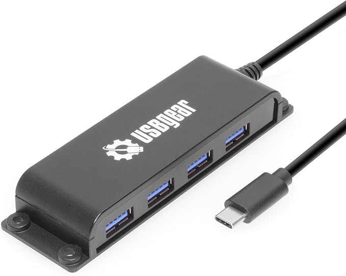 USBGear 4-Port USB 3.2 Gen 2 Data Transfer Hub - 10Gbps Ultra-Compact USB-C Hub with 3.3 ft Integrated Extension Cable and Built-in Mounting [No Charging] for Mac, PC, Mobile HDD, Flash Drives