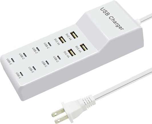 USB Charger Block, 12-Port Charging Station (4 USB-A and 8 USB-C Ports) | USB Hub Compatible with Multiple Devices for iPhone 17/16/15/14/13/12Pro, Tablet PC, Smartphone