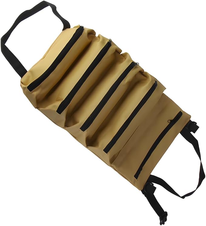 YoRise Car Seat Organizer, Oxford Cloth Roll Up Tool Bag With 5 Zipper Pockets, Hanging Back Seat Car Organizer, Portable Waterproof Vehicle Storage Accessories for Cars, Trucks, SUVs (Khaki)