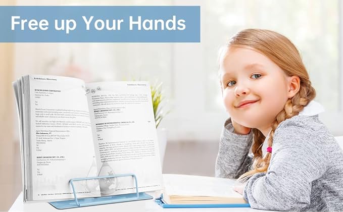 Honagu Metal Desk Book Holder, Hands Free Adjustable Cookbook & Document Holder, Portable Bookstand for Music Books, Textbooks, Recipes, Tablets & iPads (Light Blue)