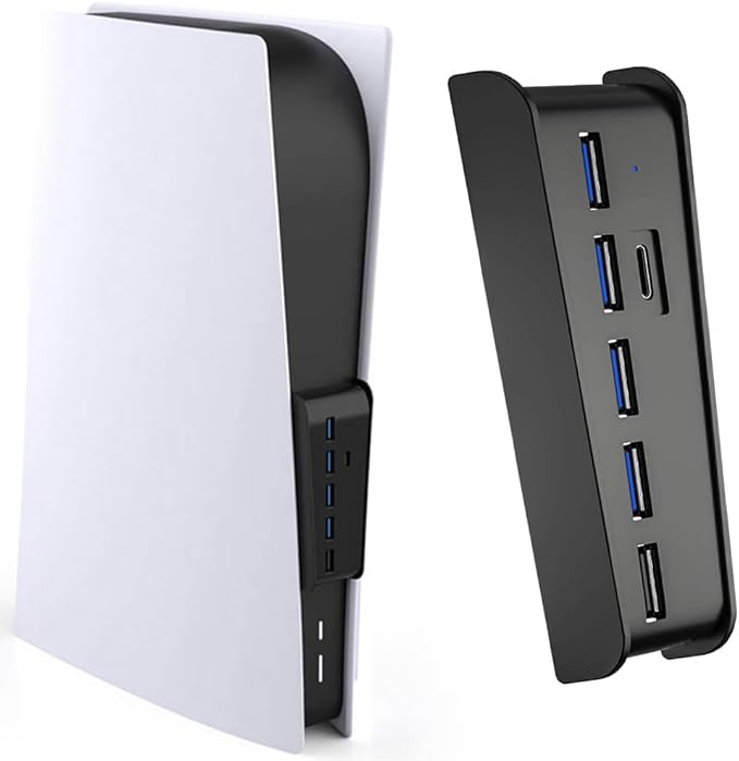 Megadream 6 Port USB Hub for PS5 Accessories, High-Speed Expansion Hub Charger Splitter Adapter with 4 USB-A 2.0 + 1 Charging Port + 1 Type C Port, Compatible with PlayStation 5 Console Front Jacks