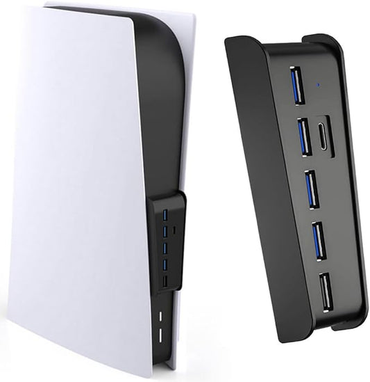 Megadream 6 Port USB Hub for PS5 Accessories, High-Speed Expansion Hub Charger Splitter Adapter with 4 USB-A 2.0 + 1 Charging Port + 1 Type C Port, Compatible with PlayStation 5 Console Front Jacks