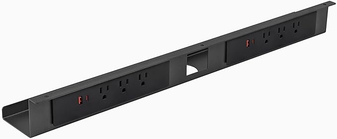 Desky Mini Cable Tray – Under Desk Wire Organizer with Mounting Screws, Compact Metal Cable Management Tray for Office Desks – Space Gray, 8 Plug