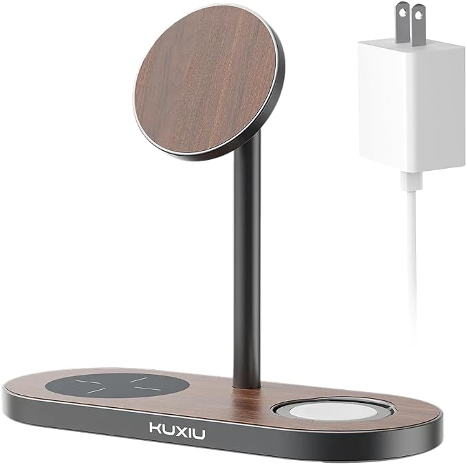 KU XIU X23 PRO Magnetic Wireless Charging Stand, 3-in-1 Charging Station for iPhone 17/16/15/14/13/12 & iPhone Air, 5W for iWatch S11–4/SE/Ultra 3/2/1, AirPods 4/3/2/Pro – Wood Grain