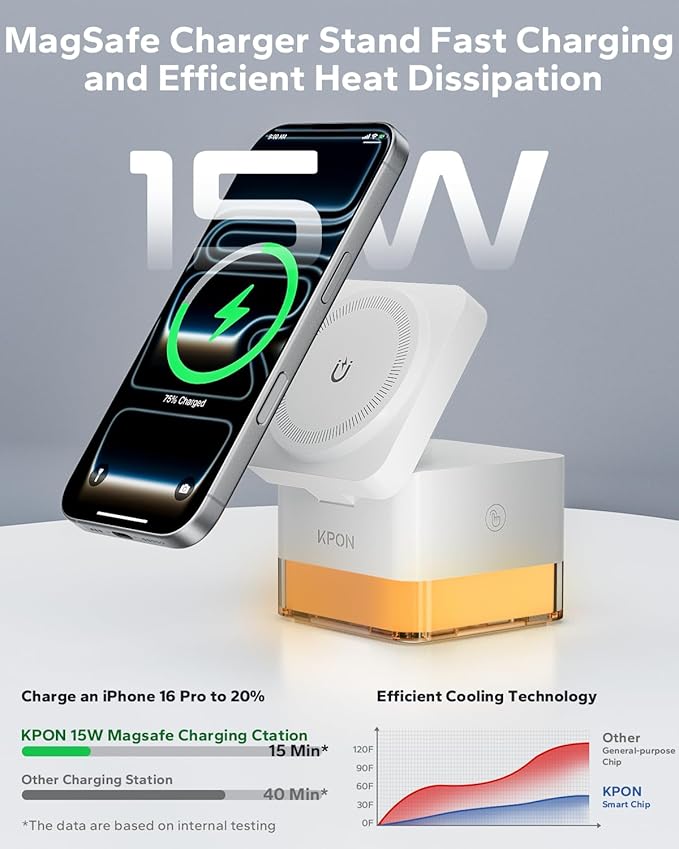 KPON for iPhone Nightstand Charging Station,15W 3 in 1 Wireless Phone Charger Stand with Night Lamp, Travel Foldable Magnetic Cube Magsafe Dock for iPhone 17 16 15 14 13 12 Series/Apple Watch/Airpods