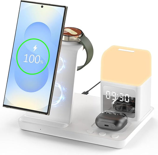 Wireless Charger for Samsung/Android,6 in 1 Alarm Clock Charging Station for Bedrooms with Bedside Clock Night Light for Samsung S25/S24/S23 Ultra/Buds,Watch Charger only for Galaxy Watch 8/7/6-White