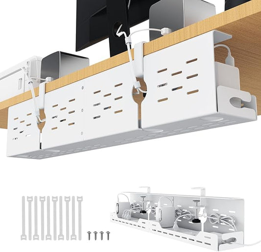 Univivi Under Desk Cable Management Tray - 32" Steel Cord Organizer, No-Drill C-Clamp & Screw Mount for Office/Home, Effortless Wire Management (White)