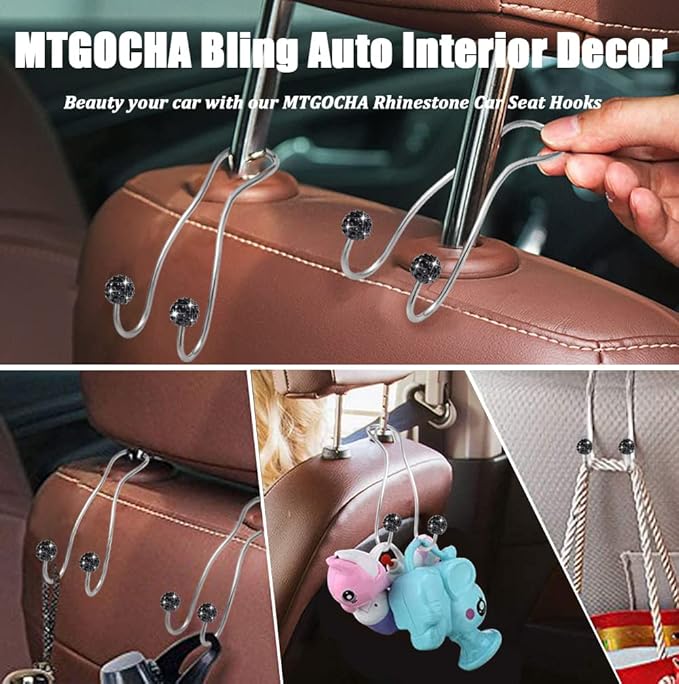 MTGOCHA Bling Purse Hook for Car Headrest, Upgraded Cute Car Seat Hooks for Bag Handbag, Durable Stainless Auto Purse Hanger Holder 2 Pack, Black