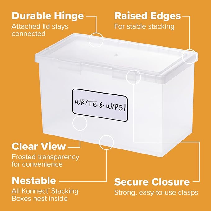 Bostitch Konnect Storage Containers with Lids, Organizer, Clear Plastic Box, Stackable Nesting Bins, Large, 2 Pack