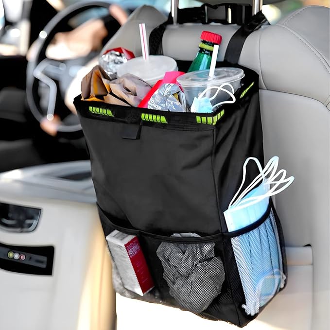 Fekey&JF Hanging Car Trash Can with Storage Pockets, Waterproof Leakproof Oxford Auto Garbage Bag, Multi-Use Organizer for Outdoor Traveling, Foldable Trash Bin for Truck, SUV, Car (Green)