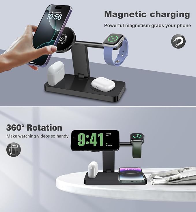 4 in 1 Wireless Charging Station, 15W Fast Wireless Charger for Mag-Safe Magnetic Charging Stand for iPhone 17 Pro Max/17 Air/16 Pro/16 Plus/15/14/13/12 mini,AirPods Pro,Apple Watch Series,Black