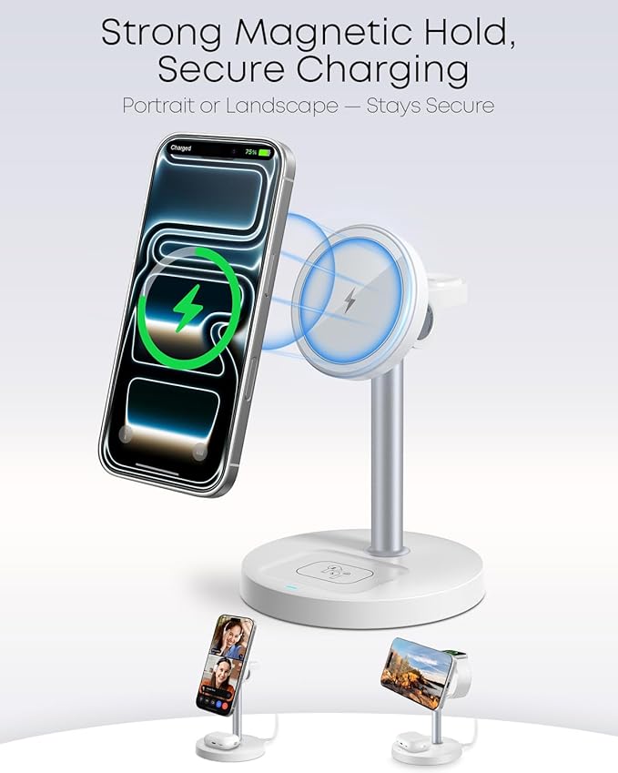 3 in 1 Magnetic Wireless Charging Station, 15W Fast Charger Stand for iPhone, Phone Charger Stand for Desk Nightstand, Compatible with iPhone 17/16/15/14, Apple Watch & AirPods, Adapter Not Included