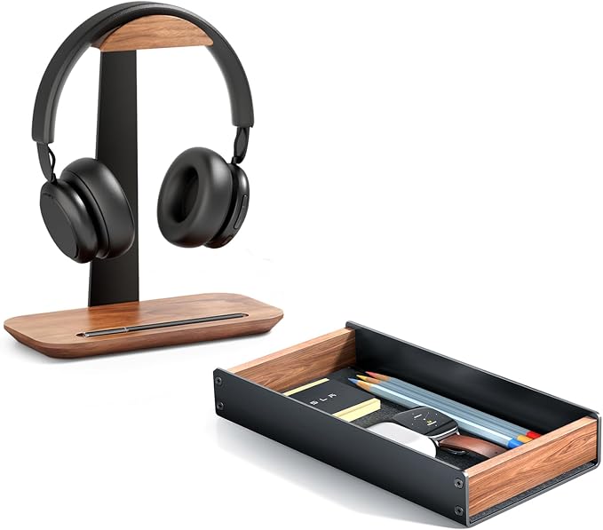 UPERGO Walnut Headphone Stand for Desk, Desk Tray Organizer, Nightstand Organizer