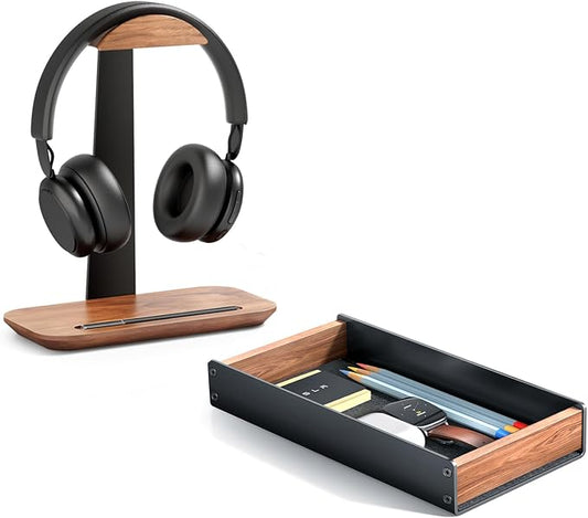 UPERGO Walnut Headphone Stand for Desk, Desk Tray Organizer, Nightstand Organizer