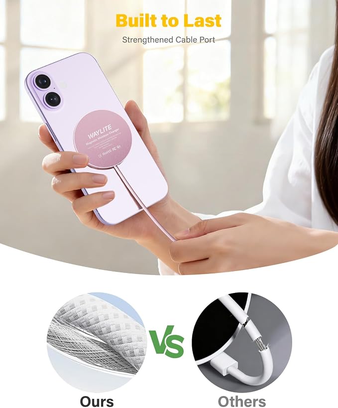 25W Wireless Charger for MagSafe, Magnetic Fast Charging Pad for iPhone 17/16/15/14/13/12 Series&AirPods,Strong Magnet,Portable Wireless Charger for Travel Home Office (Pink, 4ft)