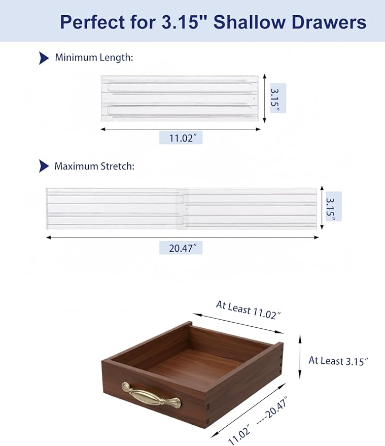 5 Pack Clear Drawer Dividers - Adjustable & Expandable Dresser Organizers, 3.15" High Plastic Separators with Non-Slip Adhesive for Clothes, Baby Nursery, Bathroom, Kitchen & Makeup