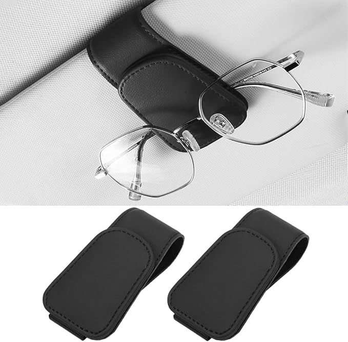 2 Packs Sunglass Holder for Car Sun Visor, Magnetic Eyeglass Hanger Clip for Car Visor, Leather Car Glasses Mount, Car Interior Visor Accessories (Black-2Pcs)