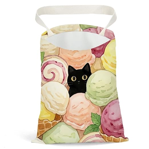 Black Cat Car Trash Bag, Icecream Car Trash Bag Hanging,Icecream Accessories, Summer Decor Waterproof Cars Back Seat Hanging Organizer Garbage Can for Vehicle Travelling Camping