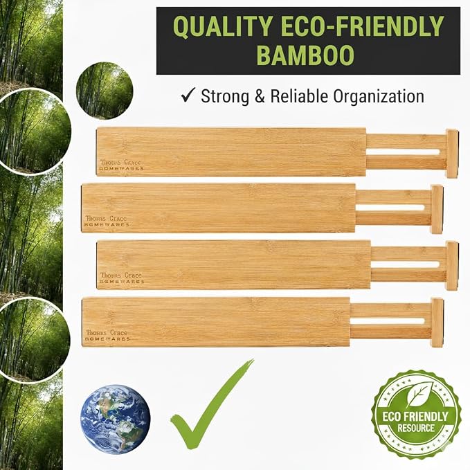 Bamboo Kitchen Drawer Organizer Divider Stackable for Deep Drawers. (Set-of- 4) Spring Loaded Dividers that are Expandable & Adjustable. Kitchen Organizer.