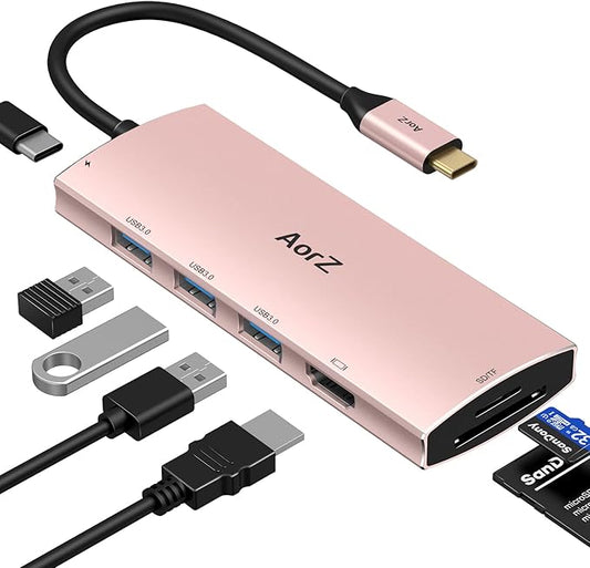 USB C Hub, USB Hub to HDMI Multiport AorZ USB C Dongle Adapter 7 in 1 with HDMI Output,3 USB 3.0 Ports,SD/Micro SD Port,PD Charging Port USB C HUB (Pink)