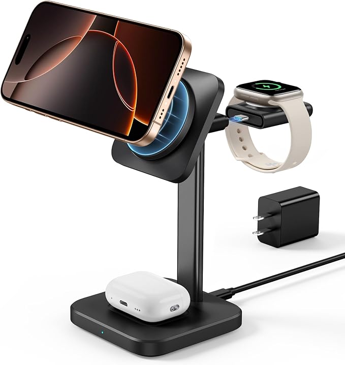 ESR 3 in 1 Wireless Charging Station for Apple[Certified] Portable Apple Watch Charger & MagSafe Charger Stand, Wireless Charger for Multiple Devices iPhone 16/15/14/13/12&Watch&AirPods, Black