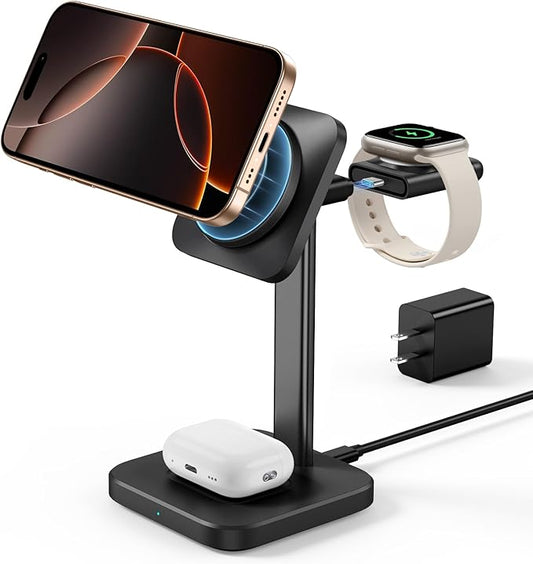 ESR 3 in 1 Wireless Charging Station for Apple[Certified] Portable Apple Watch Charger & MagSafe Charger Stand, Wireless Charger for Multiple Devices iPhone 16/15/14/13/12&Watch&AirPods, Black
