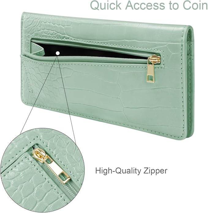 Wallet Women Bifold Faux Crocodile Leather Minimalist Slim Thin Long Wallets RFID Blocking Credit Cards Holder Purse with Back Zipper Coin Pocket for Women and Men,Green