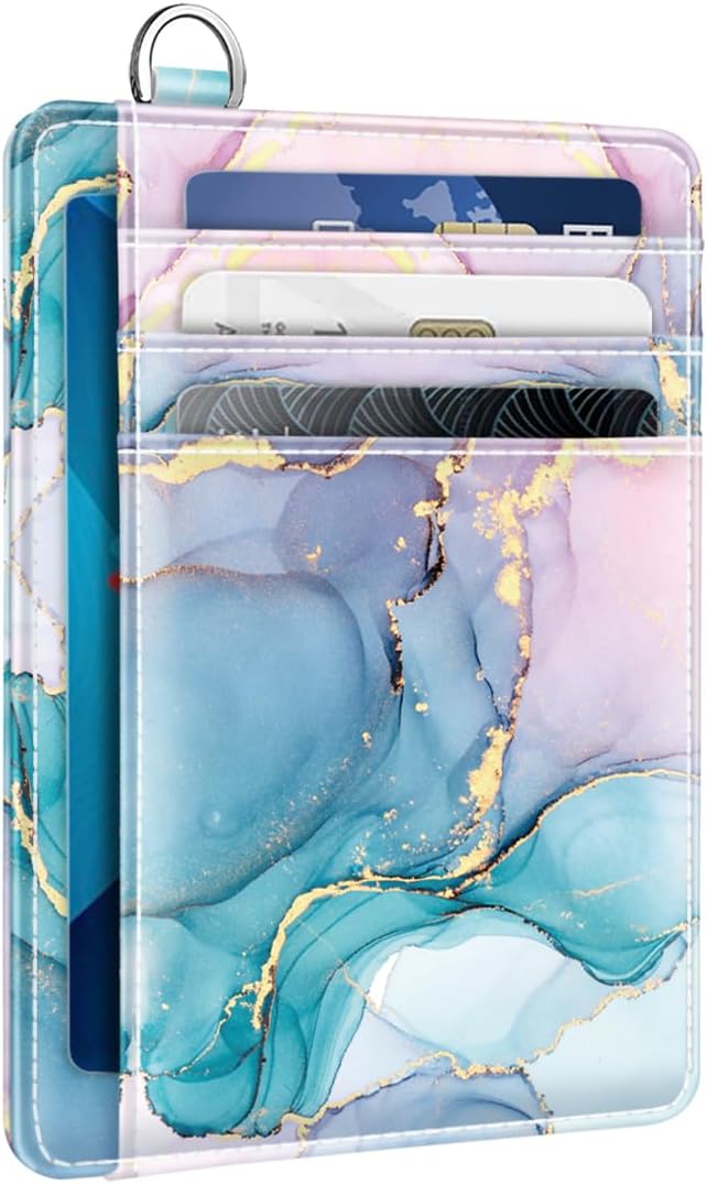 Coco Rossi Slim Front Pocket Wallet RFID Leather ID Card Holder Cute Small Wallet with Keychian for Women,Gradient Marble