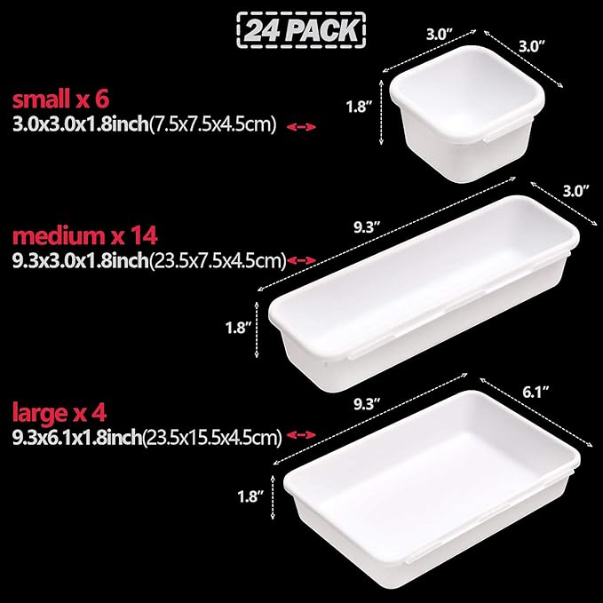 Set of 24 Interlocking Desk Drawer Organizer Tray Dividers Plastic Shallow Narrow Drawers Organizers Separators Storage Bins Container for Kitchen Bathroom Makeup Office Vanity Bedroom Dresser White