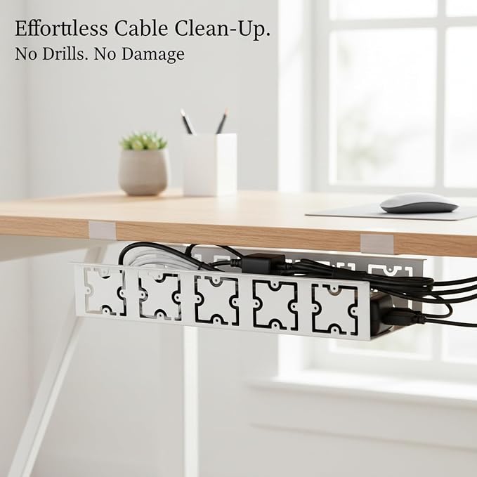 Under Desk Cable Management Tray, White Metal Wire Basket for Power Strips & Cords, No-Drill Clamp Mount, 15.7 x 6.3 x 3.5 Inches