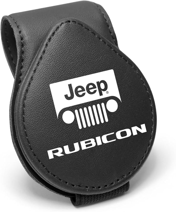 iPick Image for Jeep Rubicon Wrangler Logo Black Leather Magnetic Sunglass Holder Car Sun Visor Mount Clip - Official Licensed