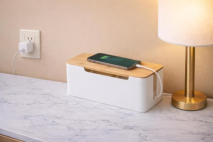 Cable Management Box Wooden Style Cord Organizer and Cover for TV Wires, Computer, Router, USB Hub and Under Desk Power Strip Safe ABS Material and Baby-Pets Proof Lock (White, 12x5.5x5 Inch)