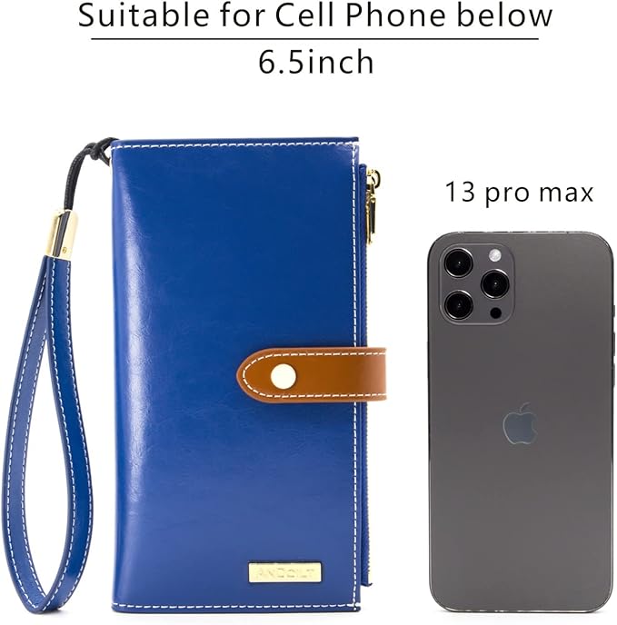 ANDOILT Women's Genuine Leather Wallet RFID Blocking Credit Card Holder Zipper Purse Cell Phone Handbag