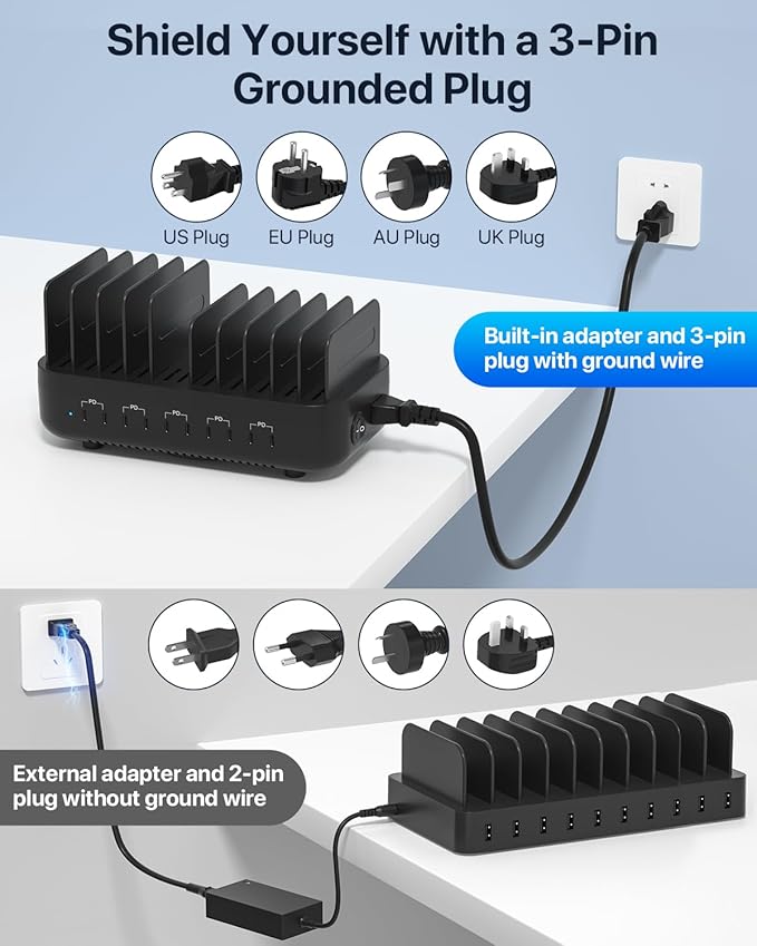 SooPii Multi USB Charging Station,100W 10-Port Type C Fast lPad Charging Station for Multiple Devices with Adjustable Dividers, Charger Organizer Compatible with Phone, Tablet,Kindle and More(Black)
