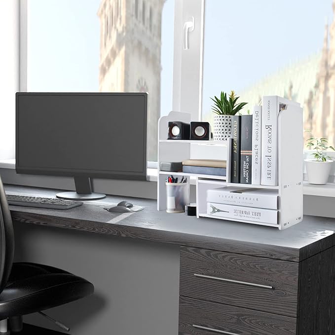 YGYQZ Adjustable PVC Desktop Organizer Storage Rack - White Desk Shelf for Office, Women, Dormitory & Home Decor