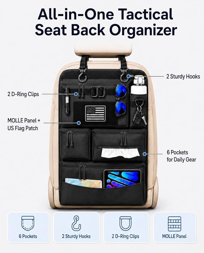 Backseat Car Organizer, Heavy Duty Tactical MOLLE Car Seat Back Organizer with 6 Pockets, 2 Sturdy Hooks, 2 D-Ring Clips, US Flag Patch & Hook Loop Panel, Universal Fit for Car SUV Truck Jeep Ford