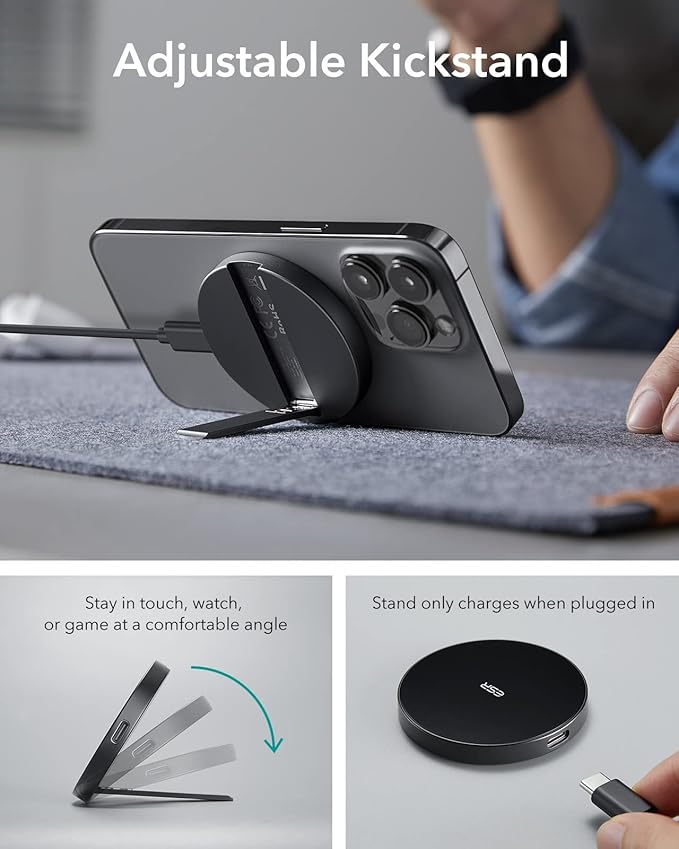 ESR for Magsafe Charger, Wireless Charger Kickstand, Charging Pad for iPhone 16/15/14/13/12 Series and AirPods 4/3/Pro/Pro 2, Galaxy S25 Strong Magnetic Charger Pad with 5 ft Removable Cable, Black
