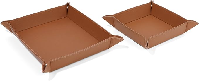 Leatherology Cognac Leather Valet Tray Set – Rectangle & Square Catchall Trays with Snap Construction, Travel-Friendly Design & Stitched Edges – Desk or Dresser Organizer